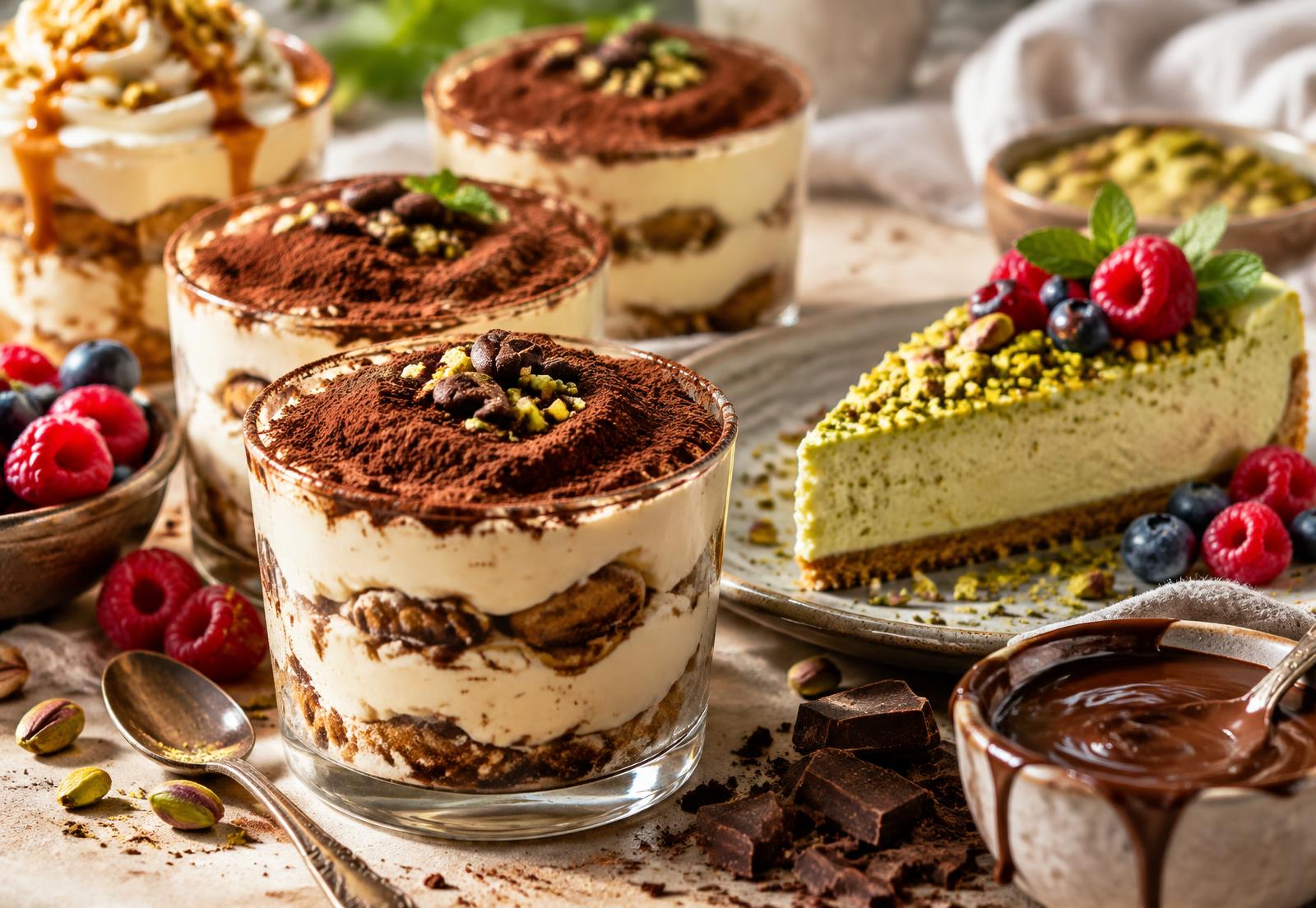Tiramisus, cheesecake pistache et chocolat fondu